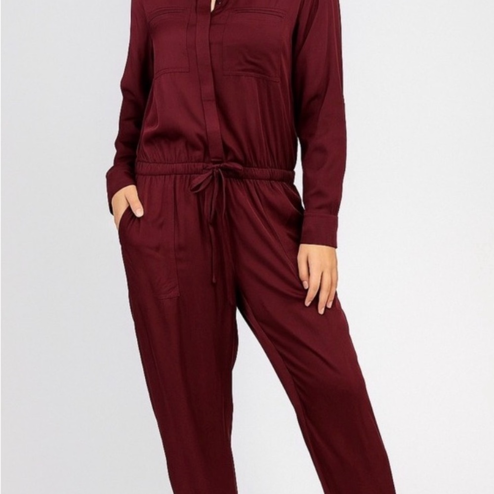 LOFT Deep Red Long Sleeve Jumpsuit